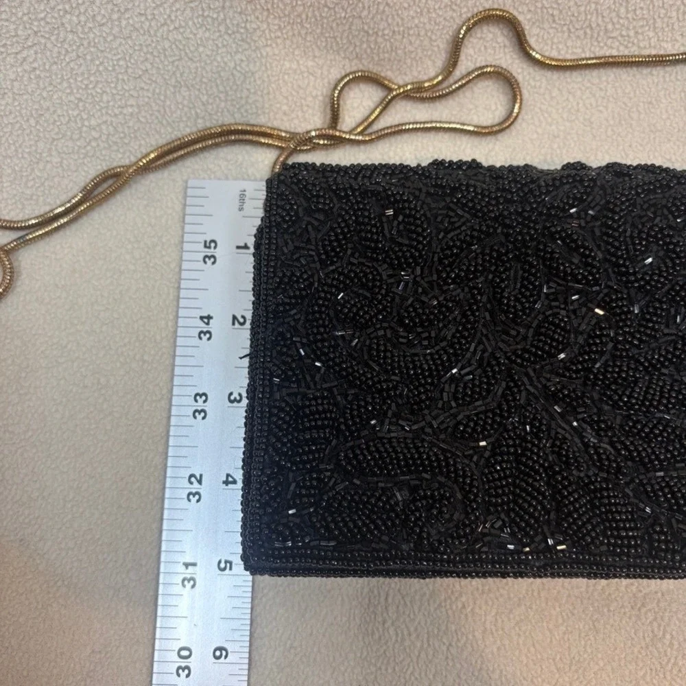Hastings & Smith Black Beaded Floral Evening Clutch Bag Gold Snake Chain‎ Strap
